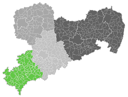 Eine graue Karte des Freistaats Sachsen, in der das Einzugsgebiet des klinischen Krebsregisters Zwickau grün markiert ist. 